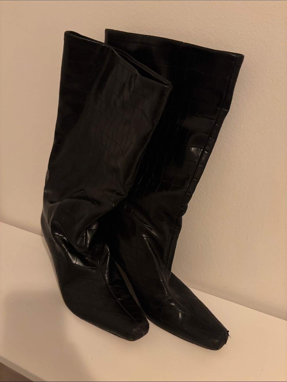 Black Croc-Embossed Knee Boots - Women